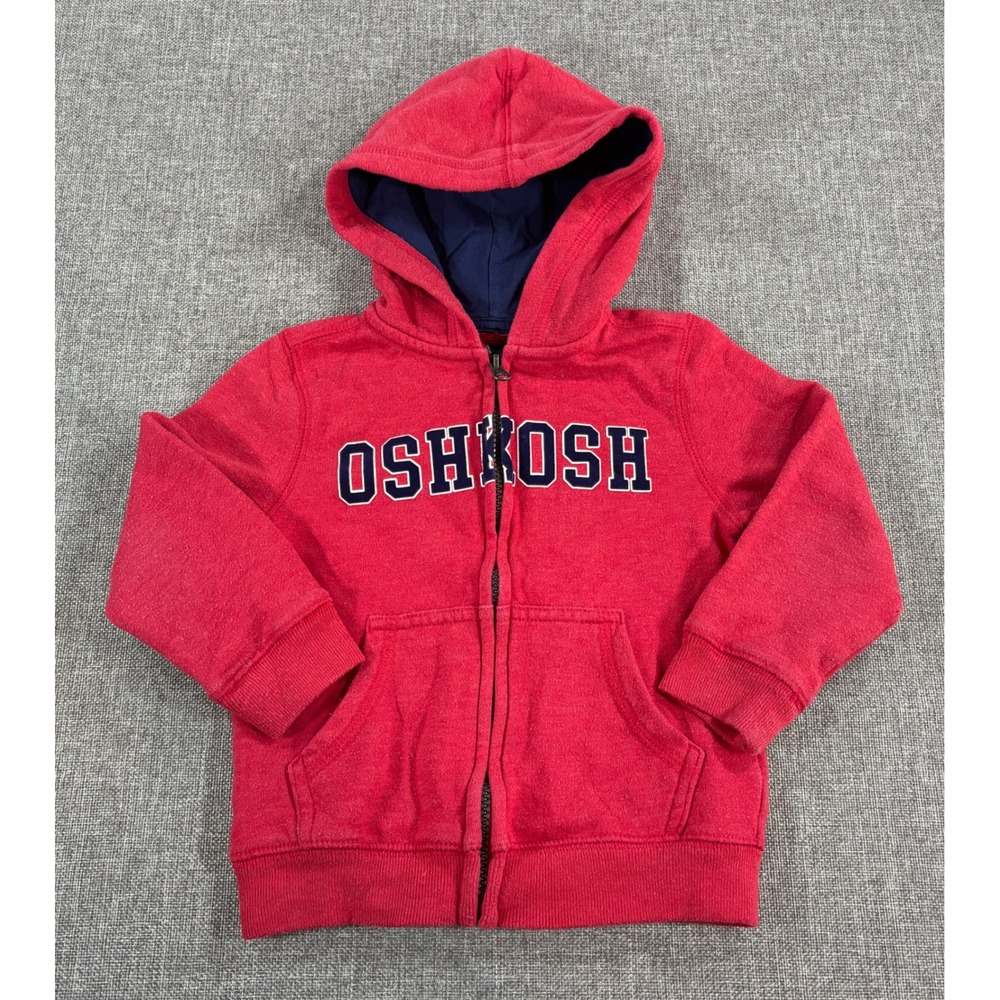 OshKosh Toddler Boys Zip Up Hoodie Size 4T Red Fleece Logo Sweatshirt